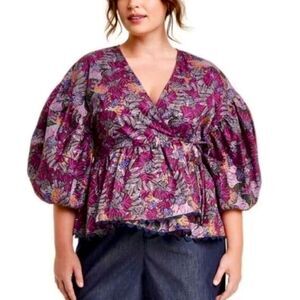 NWT Kika Vargas x Target Coral Reef Puff Sleeve Scalloped Edge Peplum Wrap Top